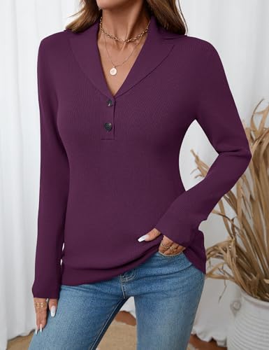 LOMON Sweaters for Women 2025 Fall Knitted V-Neck Collared Button Pullover Dressy Casual Long Sleeve Polo Shirts Business3