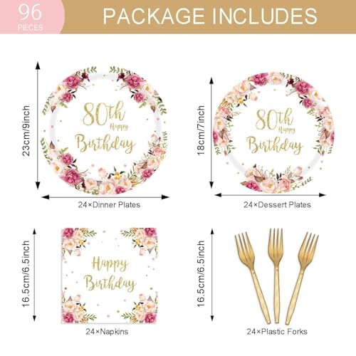 96PCs Happy 80th Birthday Party Supplies for Women 80th Birthday Floral Birthday Plates and Napkins Forks Blush Pink Bday Tableware Party Supplies Decorations