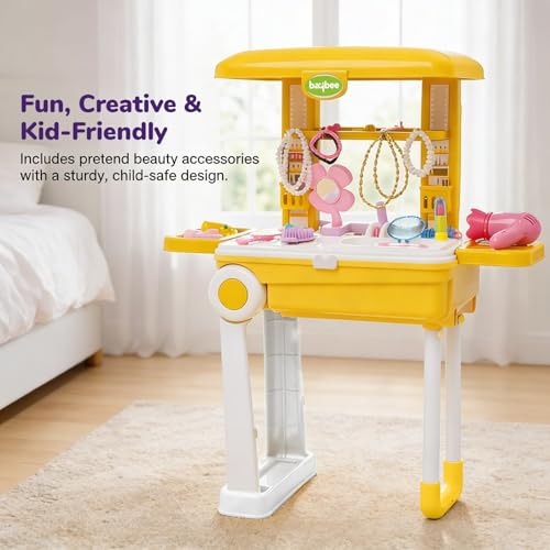 Image of Baybee Beauty Set Toys for Girls | Kids Makeup Set with Trolley Suitcase, Pretend Role Play Toys with Make up Table, Hair Accessories & Styling Tools, Portable Toy Set for Girls 3+ Years (Yellow)
