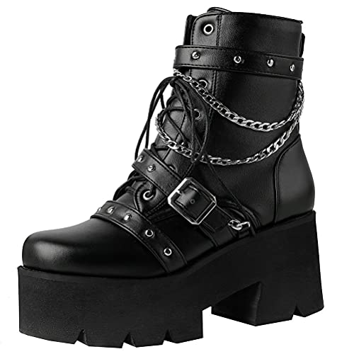 LUXMAX Women Buckle Goth Chunky Platform Ankle Boots Lace Up High Heel Motorcycle Boots with Chain