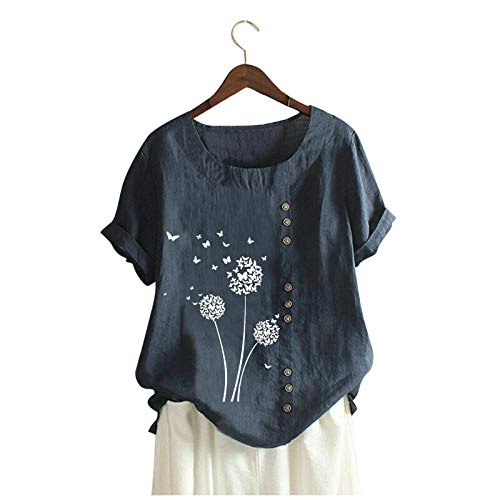 Casual Linen Women T-Shirt Short Loose And Cotton Sleeve Women's Blouse Women Top Navy #TOP8