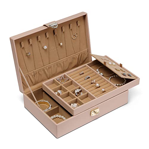 Vlando Retro 2-Layer Jewelry Box Organizer Display Case, Multi-Compartments for Necklaces Rings Earrings Jewelries Display Storage and Organization, Khaki