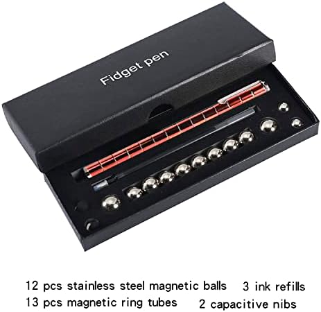 Multifunction Magnetic Writing Pen, Fidget Pen, Decompression Metal Ballpoint Pen for Touch Screens, Stress relief Toy Pen for Adults/Kids (Red)