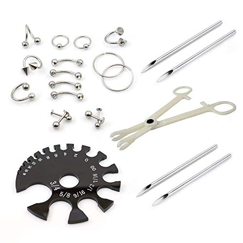 Piercing Kit 22 Pieces Include Jewelry Forcep Needles and Gauge Measurement Tool