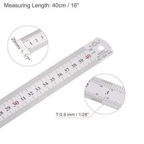 sourcing map 2pcs Stainless Steel Ruler 40cm/16" Length x 1/28" Thick x 1-1/7" Wide Inch and Metric Straight Edge Measuring Tools for Woodworking Painting Craft, Silver Tone - Image 2