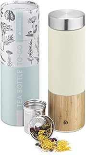 Navaris Glass Tea Bottle 500ml - Tea Infuser Bottle with Removable Stainless Steel Strainer, Screw Top Lid - Tea Infuser Travel Bottle - White