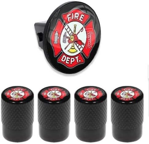 Tow Hitch Cover Insert Plug for Truck & SUV + Valve CAPS for Firefighter FIRE DEPT Model-PYT-8888-4629