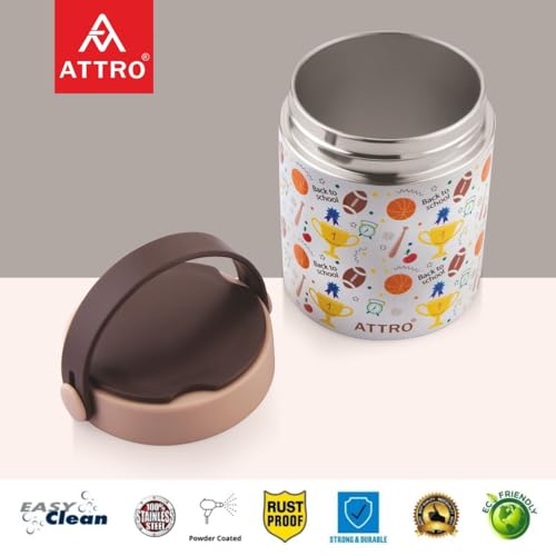 Image of ATTRO Happy Go Vacuum Insulated ISI Certified Stainless Steel Soup Jar 500ml, Leakproof & BPA Free for Kids & Adults, Long Temperature Retention,Ideal for School, Office & Travel - Sports Trophy Brown
