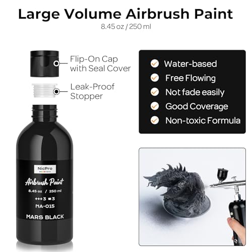 Nicpro Black Large Airbrush Paint (8.45 oz, 250 ml) Ready to Spray Opaque Water-Based Acrylic Air Brush Paints for Model, Wood, Canvas, Metal, Plastic, Leather, for Beginners & Artists