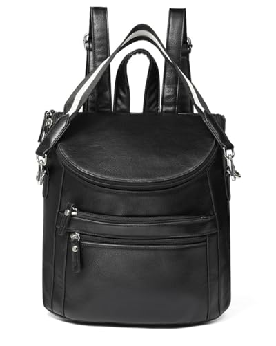 Image of Nollia Black Leather Mini Backpack for Women | Light Travel Small Daypack with Adjustable Strap | Black Backpack Purse