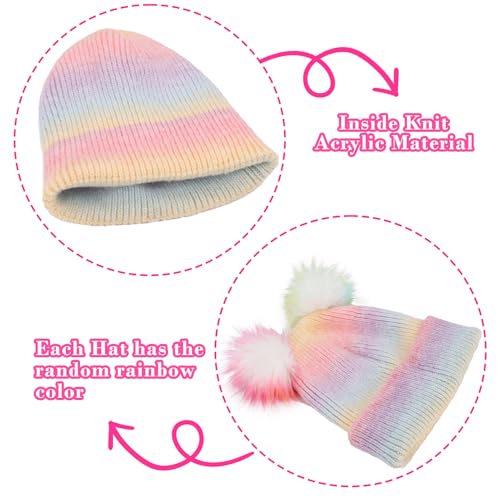Girls Knit Beanie Hat and Glove Set Tie Dye Rainbow Pom Pom Beanies for Kids Winter Snow Ski Hats Caps 7-12 Years3