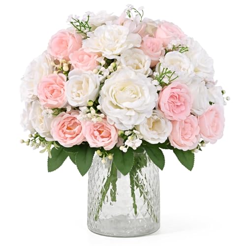 Yastouay 2 Bouquets Peonies Artificial Flowers Mixed Pink & White