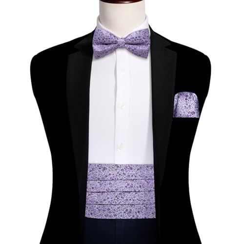 Image of Barry.Wang Men Silk Paisley Cummerbund and Pre-tied Bowtie Handkerchief Cufflink Set for Tuxedo