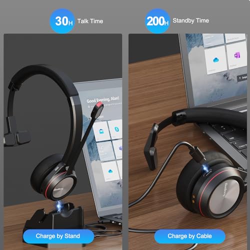 Image of Bluetooth Headset with Microphone & Mute Button, 30 Hrs Working Time, Mono Noise Cancelling for PC Laptop Teams Zooms Work Business Meeting