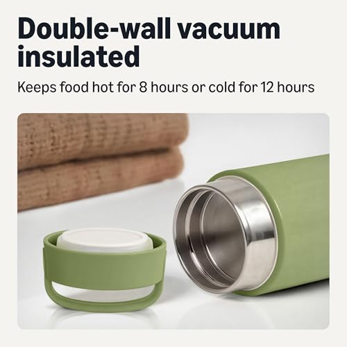 Image of Amazon Basics Insulated Food Jar, Hot and Cold Food Container, Stainless Steel, Leak-proof with Carry Handle, 16 Ounces, Olive
