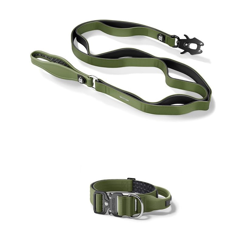 Bullyion ® Original Equipment Progressive Ladder Lead 1.4m & Tactical Dog Collar - Softcell Padding – Lockforce Fastening Buckles – Multiple Handles (WIDTH- 4 cm SIZE- SMALL, COMMANDO KHAKI)