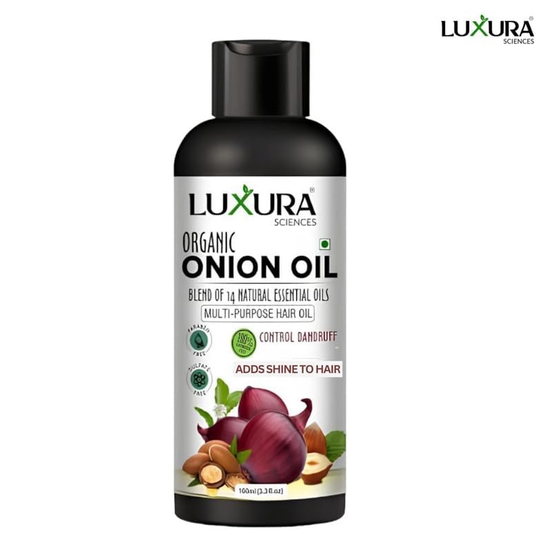 Image of Luxura Sciences Onion Hair Oil 100ML with 14 Essential Oils | Argan, Bhringraj, Hibiscus, Amla, Sesame & More | Nourishes, Strengthens & Enhances Hair Health & Shine