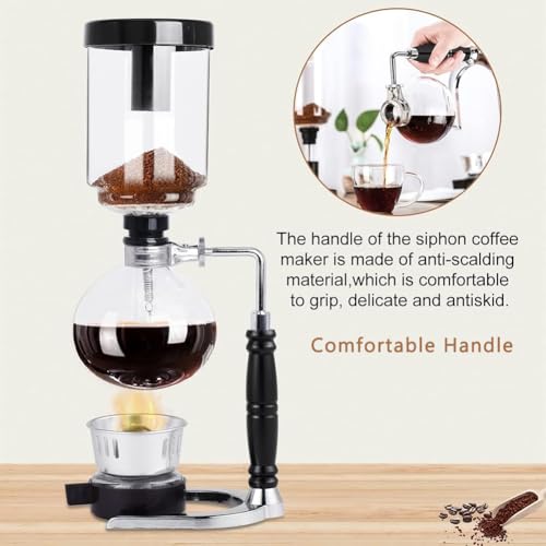 TsoLay Glas-Vakuum-Kaffeemaschine, 3-Tassen-Siphon-Kaffeemaschine, Tisch-Glas-Siphonkanne, Edelstahlsockel, Hitzebeständig, Für Zuhause Und Das Büro