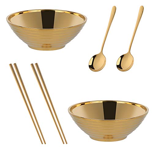 Ramen Noodle Soup Bowl,2 Sets Double Layer 18/8 Stainless Steel Bowl(7.09 inch), with Matching Spoon and Chopsticks by Buy THINGS!ï¼Goldï¼