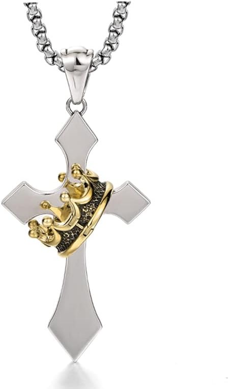 Vintage Unique Cross Necklace Thai Silver Chain Cross Crown Pendant Necklace for Men 14K Gold Plated Goth Gothic Punk Necklaces Christian Jewelry Antique Jesus Necklace Gift - Image 4