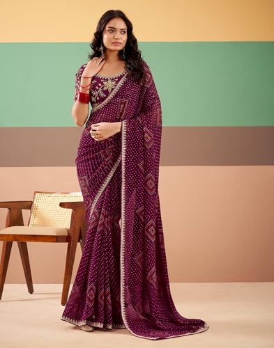 Image of SIRIL Women's Georgette Bandhani Printed, Embroidery Lace Saree With Unstitched Blouse Piece