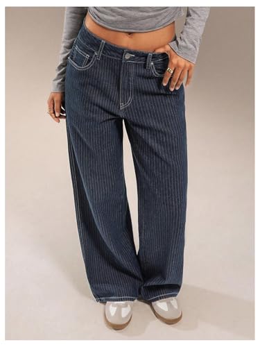 OYOANGLE Women's Striped Wide Leg Jeans Casual Denim Baggy Low-Rise Pants with Pocket4