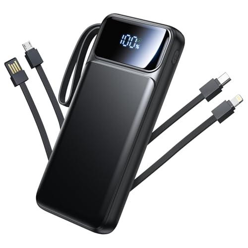 Power Bank, Portable Charger with Built in Cable 22.5W Fast Charging Battery Pack 10000mAh Slim 6 Outputs 3 Inputs LED Display Phone Charger for iPhone Samsung Pixel Moto iPad Travel Essential Gift