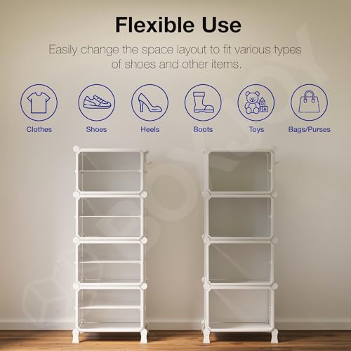 Image of BOXJOY 8 Shelf White Shoe Rack with 4 Brown Doors, Magnets and 5 Hook Steel Holder for Home Storage Box Organizer, Hard PET Plastic with Metal Door Frame, Shoe Chappal Slipper Sandals Stand
