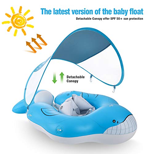 Yobeway Inflatable Baby Float With Canopy For Sun Protection, Safe Anti-Slip Bottom Support, Whale Tail Baby Swim Float Accessories With Air Pump & 2 Bath Pool Toys For 6-36M. #TOP2