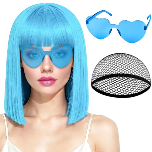 Image of PLULON Light Blue Bob Wig with Bangs, Short Straight Bob Wig with Heart Sunglasses 12 Inch Shoulder Length Heat Resistant Synthetic Hair Cap for Women Natural Look Daily Use Cosplay Costume Party