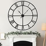 Ohweog Oversized 48 inch Wall Clock for Living Room Decor – Extra Large Silent Non-Ticking Modern Farmhouse Wall Clock, Decorative Metal Roman Numeral Clock, Black