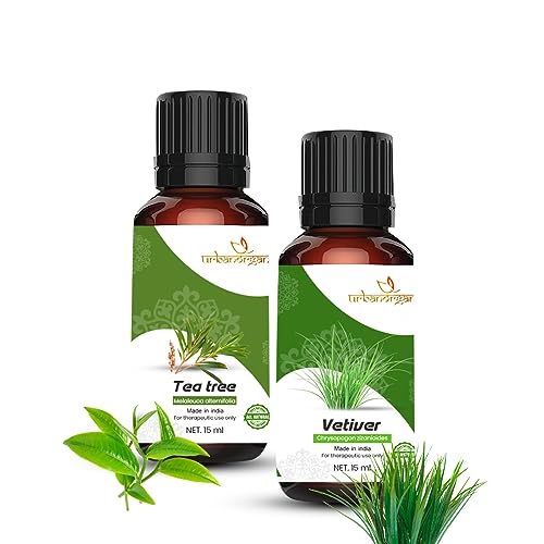 Image of Essential Oil Combo Pack of 2 15ml Each Tea Tree Vetiver Pure Natural Therapeutic Grade Undiluted Oil for Acne Skin Care Hair Growth Dandruff Control Aromatherapy Use