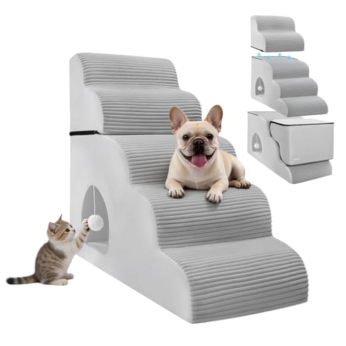 Dog Stairs for High Beds Up to 30 H with Tunnel Extra Height 27.5 5-Step Pet Steps for Small Dogs and Cats Non-Slip Sturdy Dog Ramp with Anti-Tip Safety Strap and Removable Cover