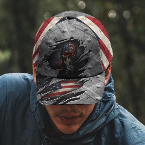 Image of Skull Baseball Cap for Men, Grim Reaper Death Crack Old Metal with Flag, Men's Hat, Adjustable Motorcycle Soft Caps