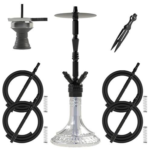 NOBLE HOOKAH 62.6cm Shisha Set 4 Anschlüsse mit Shisha Kopf Groß Shisha aus Aluminiumrohr mit Alu Molassefänger Ausgestattet mit 4 Silikonschläuchen und Griff