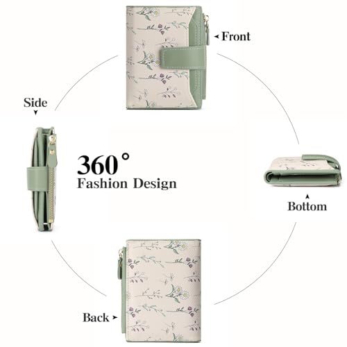 GAEKEAO Small Wallets Woman RFID Blocking Vegan Leather Bifold Floral Ladies Compact Card Holder with Zipper Pocket ID Window4