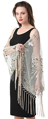 Women's Glittering Scarf Mesh Sequin Wedding Cape Fringed Evening Shawl Wrap for Wedding Evening Dresses Beige3