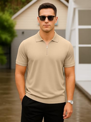 Image of Veirdo Men's Cotton Pique Polo | Premium Zip Neck Casual T-Shirt | Half Sleeve | Black Beauty, Serenity, Wheat, Zephyre