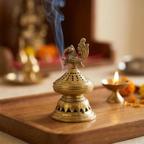 Image of ExclusiveLane 'Sacred Peacock' Brass Incense Burner (100% Pure Brass, 15.6 Cm, 0.98 Kg, Hand-Etched) | Sambrani Holder Loban Dhoop Dani Holder Dhoop Dani Loban Burner Stand