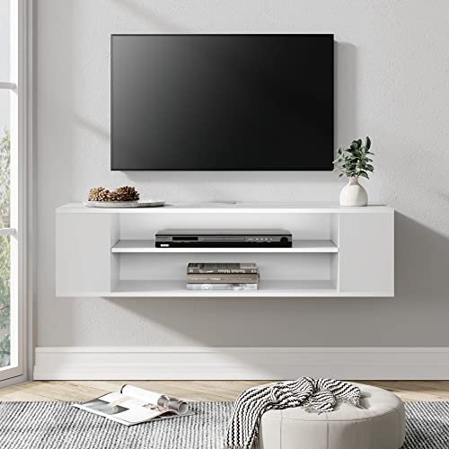 Mensola TV Galleggiante Con Prese Elettriche HOOBRO 140 Cm - Mobile A Parete Moderno, Bianco, Per Soggiorno, Camera Da Letto, Gestione Cavi