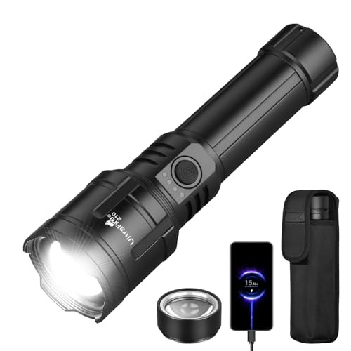 ULTRAFIRE Flashlights High Lumens with Ignition Lens 1500 LM Super Bright Zoomable Tactical Flashlight with Holster Reverse Charging 3 Modes LED Rechargeable Flash Light for Camping Emergency