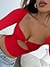 Women Y2k Sexy Low Neck T-Shirt Cut Out Long Sleeve Trim Crop Top Slim Fit Stretchy Blouse Top Red