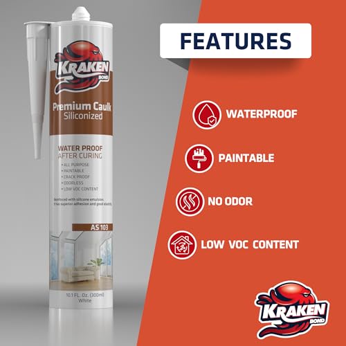 Image of Kraken Bond Premium All Purpose Acrylic Latex Caulk - (1x10.1 fl. oz.) White Paintable Interior and Exterior Window Caulk, Baseboard, Trim, Kitchen and Bathroom - Waterproof, Odorless - 1 Pack