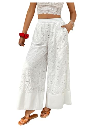 MakeMeChic Women's Boho Eyelet Embroidery Wide Leg Palazzo Pants High Waist Baggy Trousers