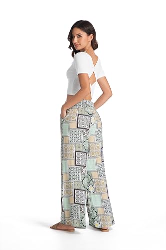 Womens Casual Mid Waist Wide Leg Pants Summer Floral Solid Palazzo Baggy Pants Lounge Beach Trousers with Pocket4