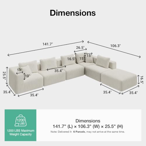 Image of Novilla 141 inch Modular Sectional Sofa, V Shape Customizable Sectional Couch, Modern Cloud Design with Smarts Coil Support, Boneless Sectional Couch for Living Room Apartment, No Assembly, Beige