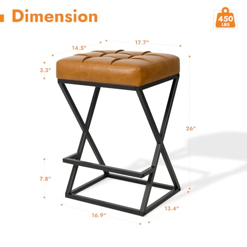 Image of Bar Stools Set of 4, 26 Inch Counter Height Stool Faux Leather Brown | Backless Counter Stools with X-Frame Metal Legs, 3.3 inch Upholstered Seat, Mid-Century Modern, for Kitchen Island, Home Bar