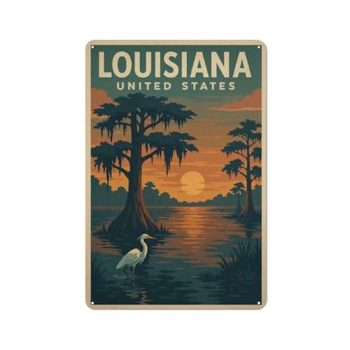 Louisiana Retro State Wall Art Nature Landscape Print Extra Metal Sign Vintage Bayou Cypress Swamp Egret Sunset Tin Plaque for Home Living Room Bedroom Office Cabin Lodge Cafe Gift Decor 30x20cm