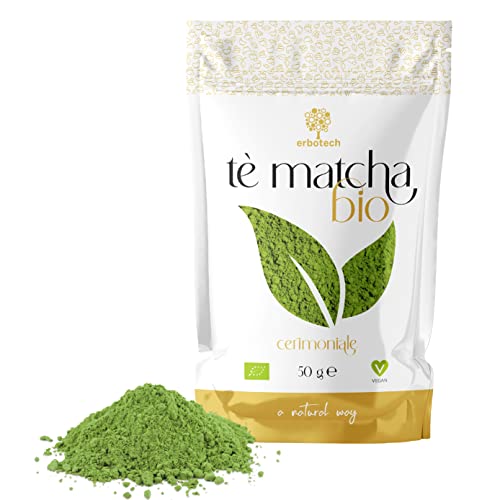 ERBOTECH Té Matcha de Grado Ceremonial, The Verde Japonés Orgánico en Polvo en Bolsa de 50 gr, Té Matcha Natural 100%, Ideal para Dulces, Batidos, Té Helado, Vegano