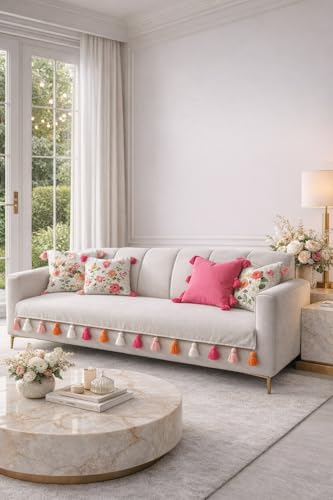 WWW.THROWPILLOW.IN Neutral Tassel Sofa Cover 3 Seater Multicolor Tassels :Thick & Non-Slip Fabric, Fade-Resistant Tear-Resistant, Easy Fit,Sofa Seat Seater, Size: 65 x 170 CMS